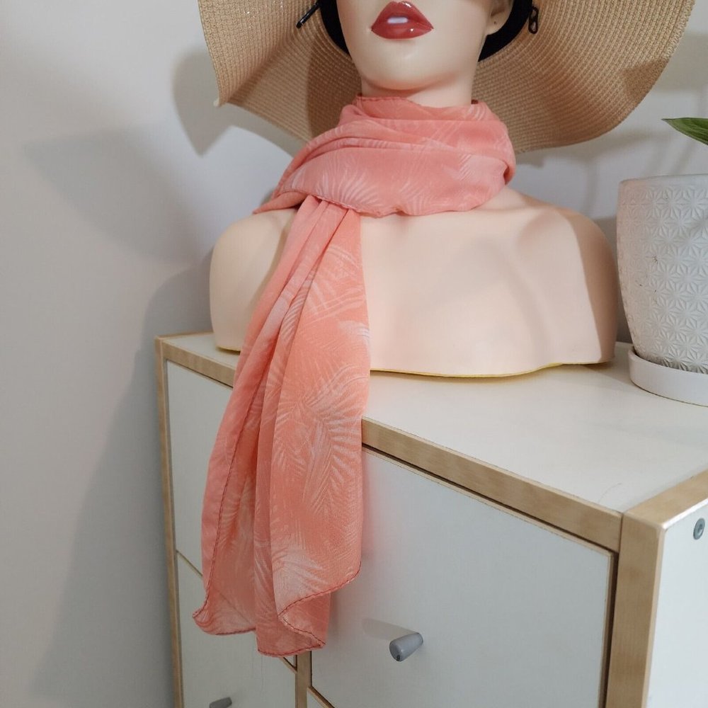 Silky Pink Salmon White Palm Leaf Design Large Rectangular Scarf